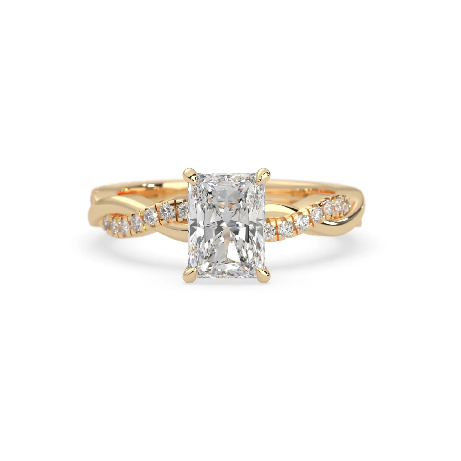 Radiant brilliant lab grown diamond engagement ring with prong setting and twisted pavé diamond band in yellow gold tone