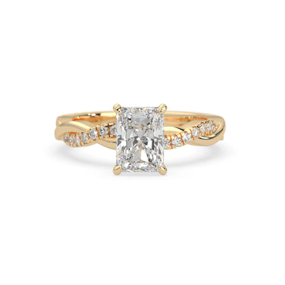 Radiant brilliant lab grown diamond engagement ring with prong setting and twisted pavé diamond band in yellow gold tone