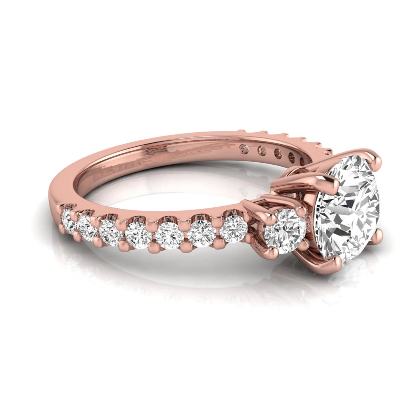 Round Accent Lab Grown Diamond Engagement Ring featuring a 7.5 mm round center diamond with round accent diamonds in a classic prong setting in rose gold