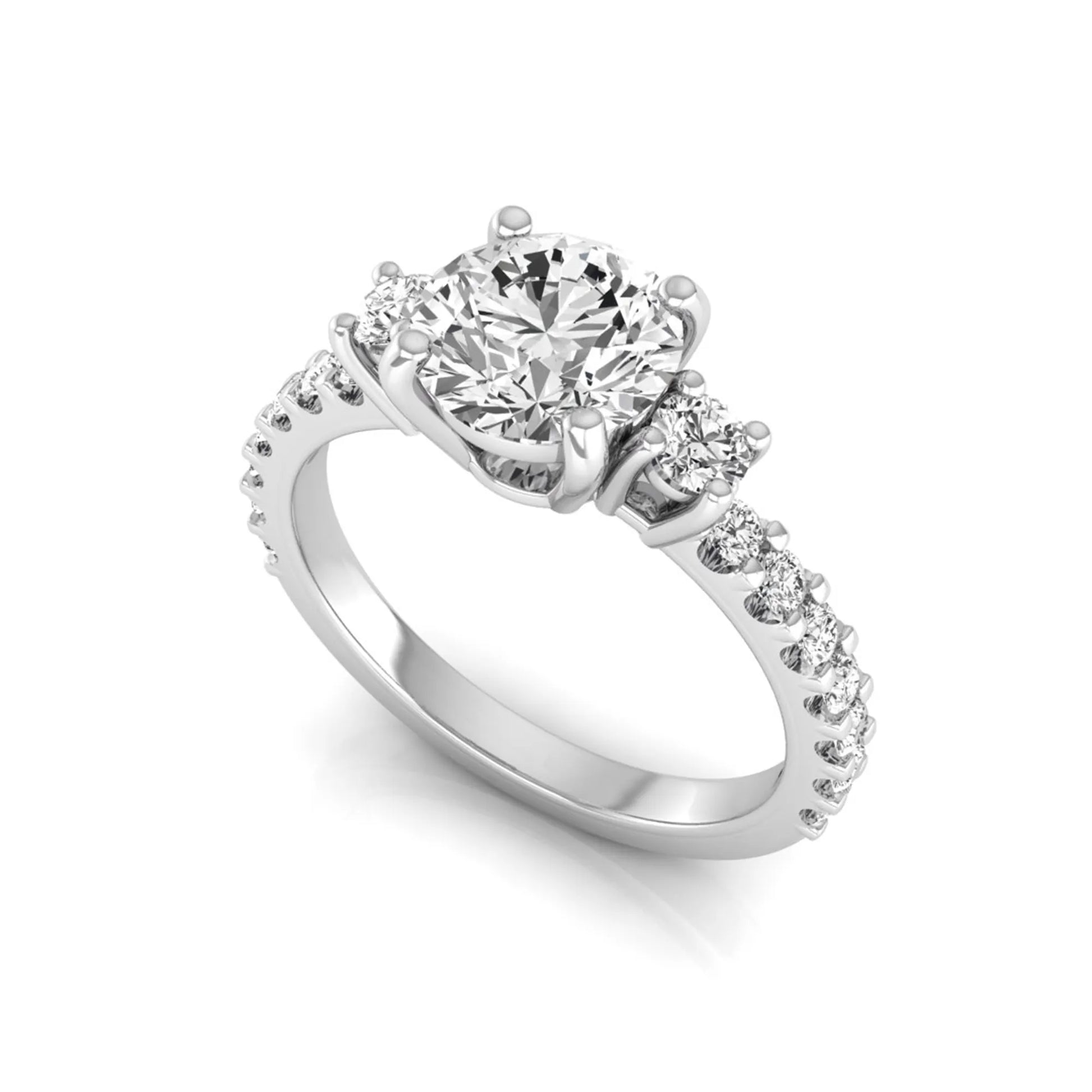Round Accent Lab Grown Diamond Engagement Ring featuring a 7.5 mm round center diamond with round accent diamonds in a classic prong setting in white gold
