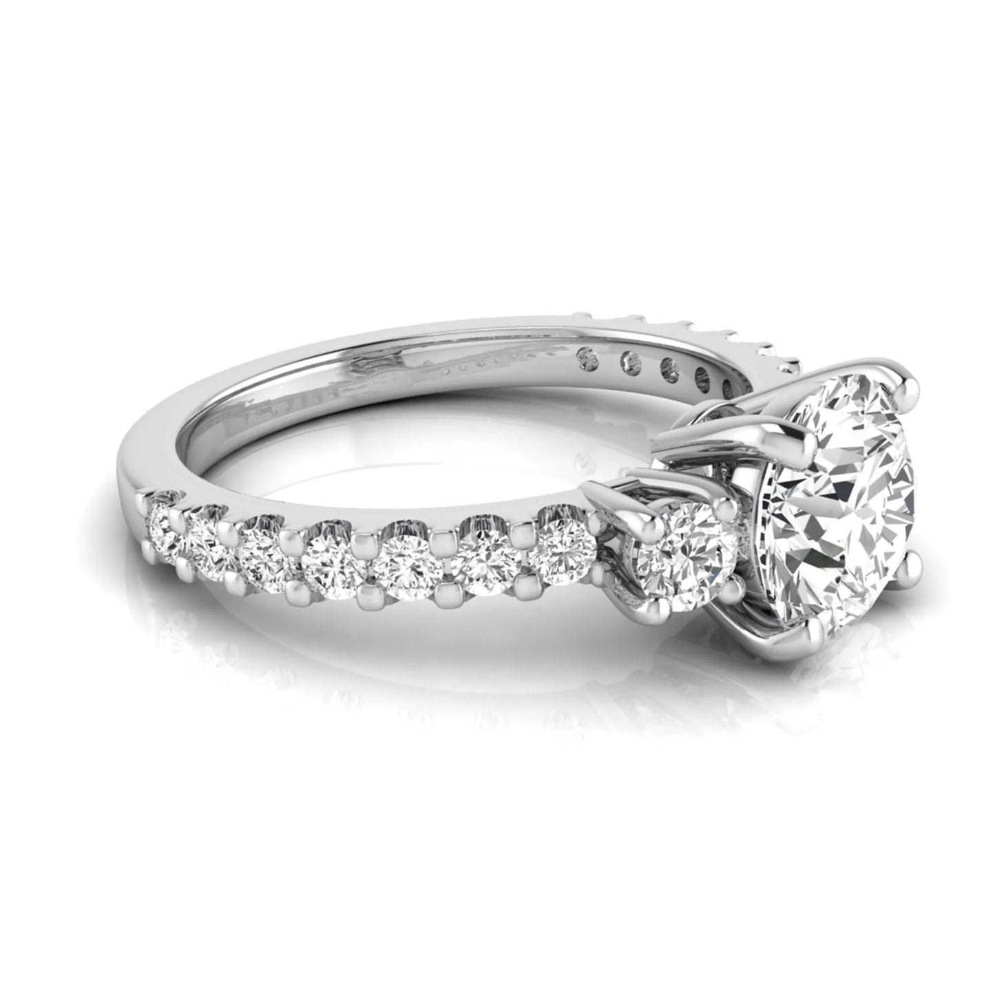 Round Accent Lab Grown Diamond Engagement Ring featuring a 7.5 mm round center diamond with round accent diamonds in a classic prong setting in white gold