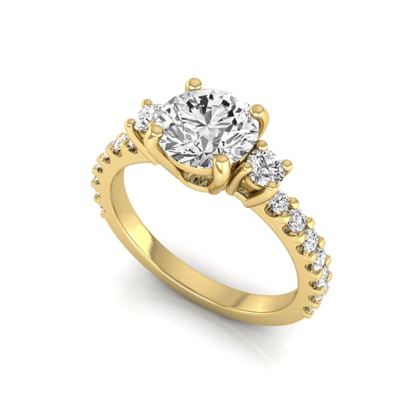 Round Accent Lab Grown Diamond Engagement Ring featuring a 7.5 mm round center diamond with round accent diamonds in a classic prong setting in yellow gold