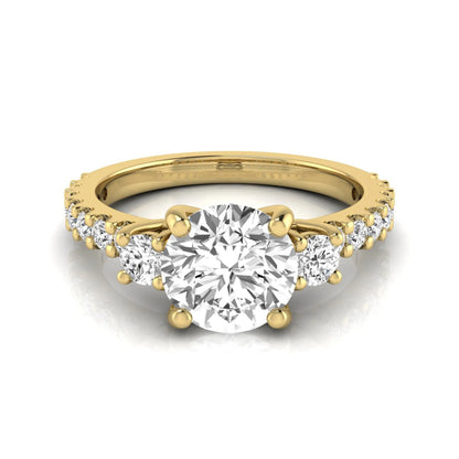 Round Accent Lab Grown Diamond Engagement Ring featuring a 7.5 mm round center diamond with round accent diamonds in a classic prong setting in yellow gold