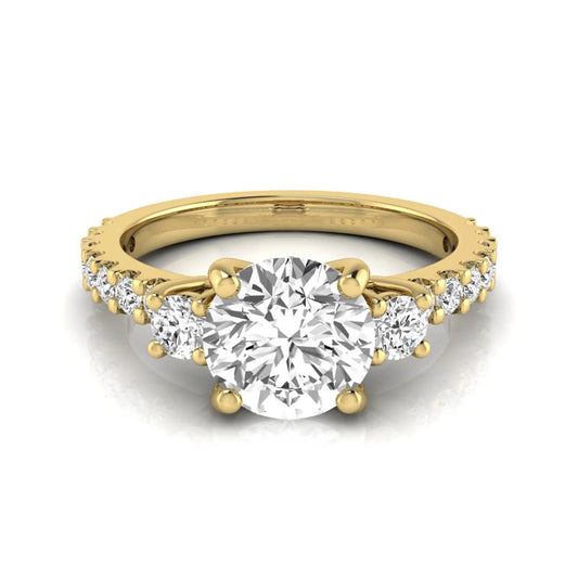 Round Accent Lab Grown Diamond Engagement Ring featuring a 7.5 mm round center diamond with round accent diamonds in a classic prong setting in yellow gold