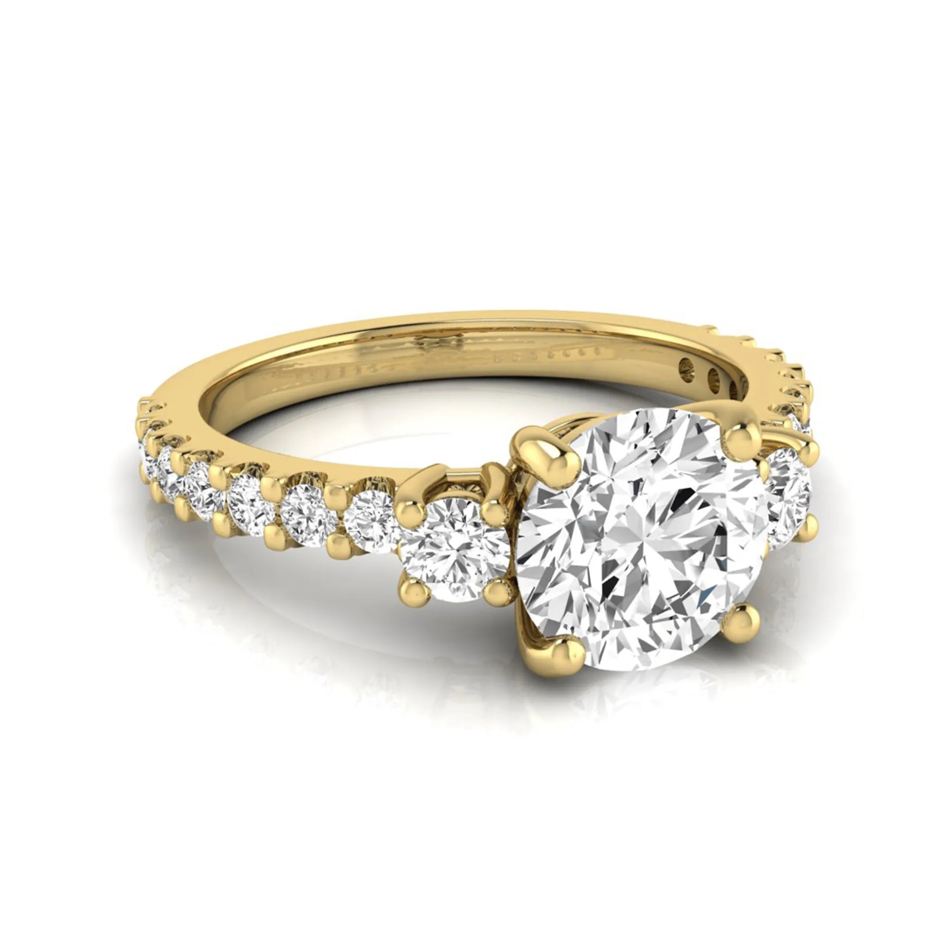 Round Accent Lab Grown Diamond Engagement Ring featuring a 7.5 mm round center diamond with round accent diamonds in a classic prong setting in yellow gold