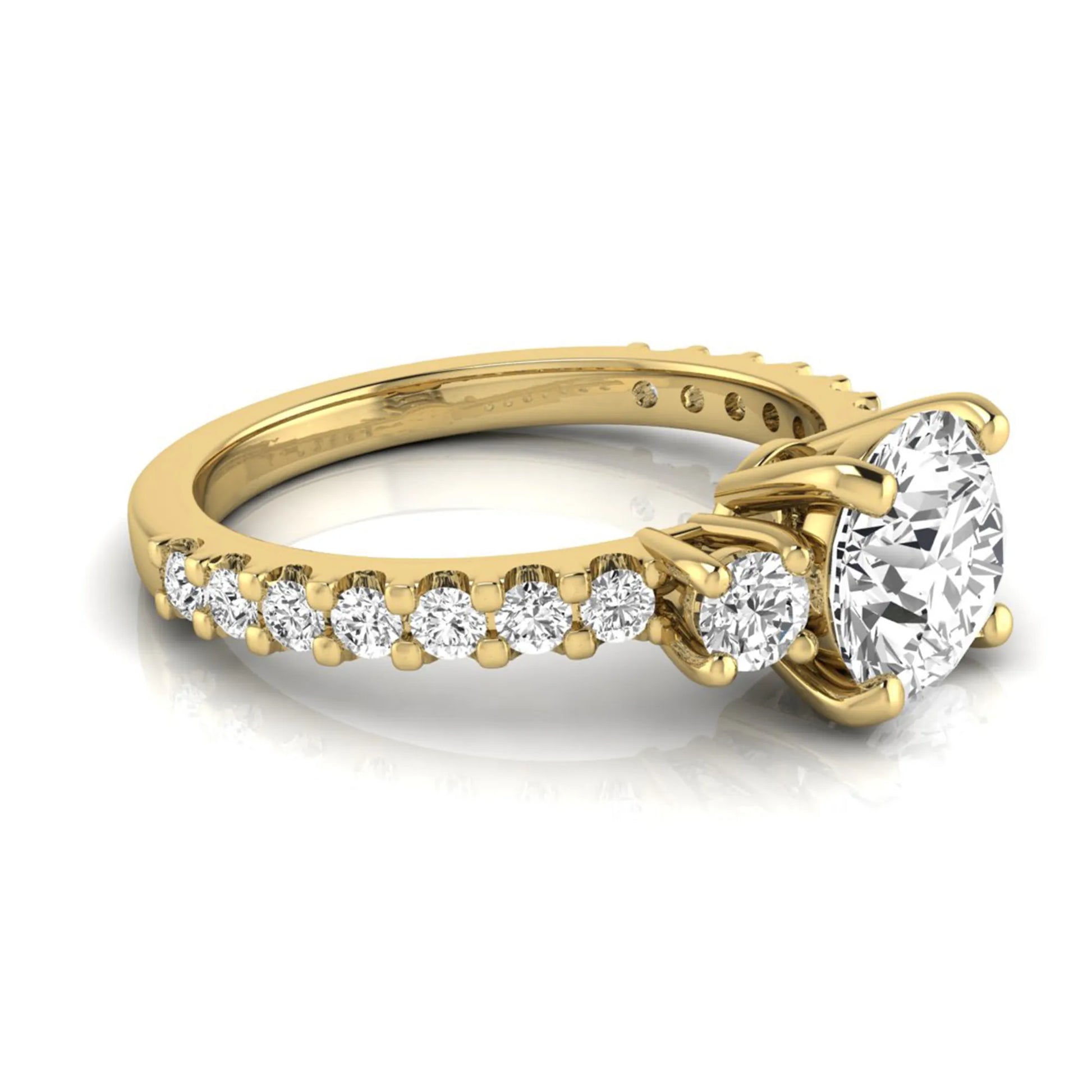 Round Accent Lab Grown Diamond Engagement Ring featuring a 7.5 mm round center diamond with round accent diamonds in a classic prong setting in yellow gold