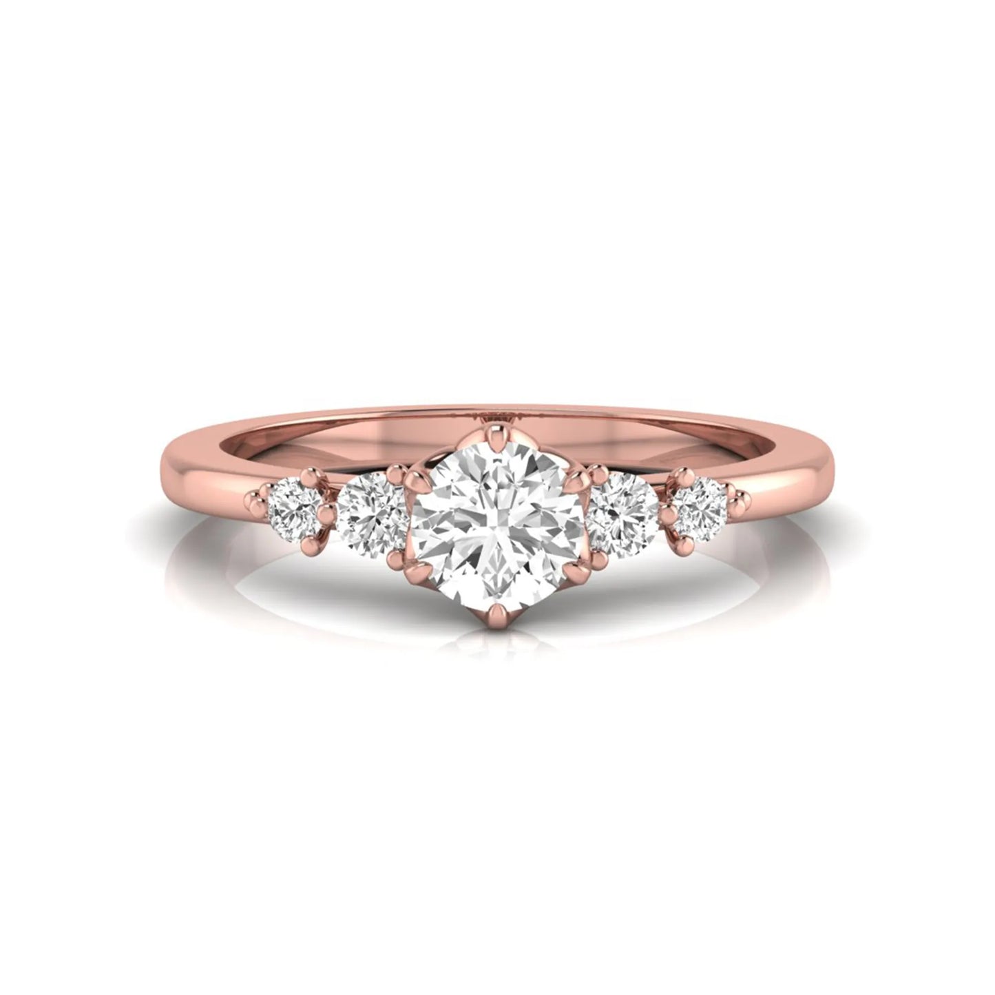 rose gold Round cut lab grown diamond engagement ring with round accent diamonds in a classic prong setting