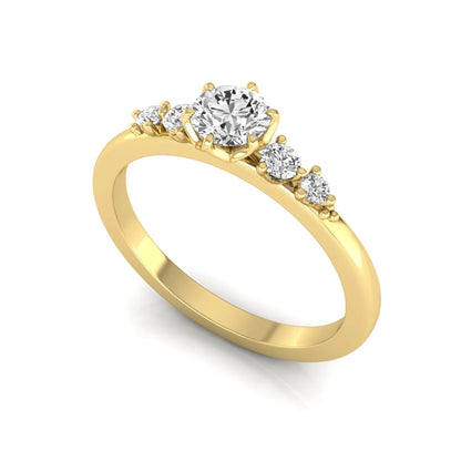 yellow gold Round cut lab grown diamond engagement ring with round accent diamonds in a classic prong setting