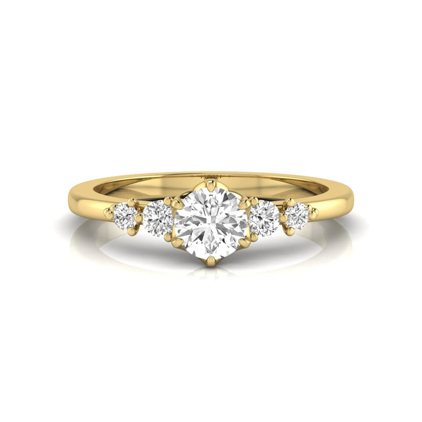 yellow gold Round cut lab grown diamond engagement ring with round accent diamonds in a classic prong setting