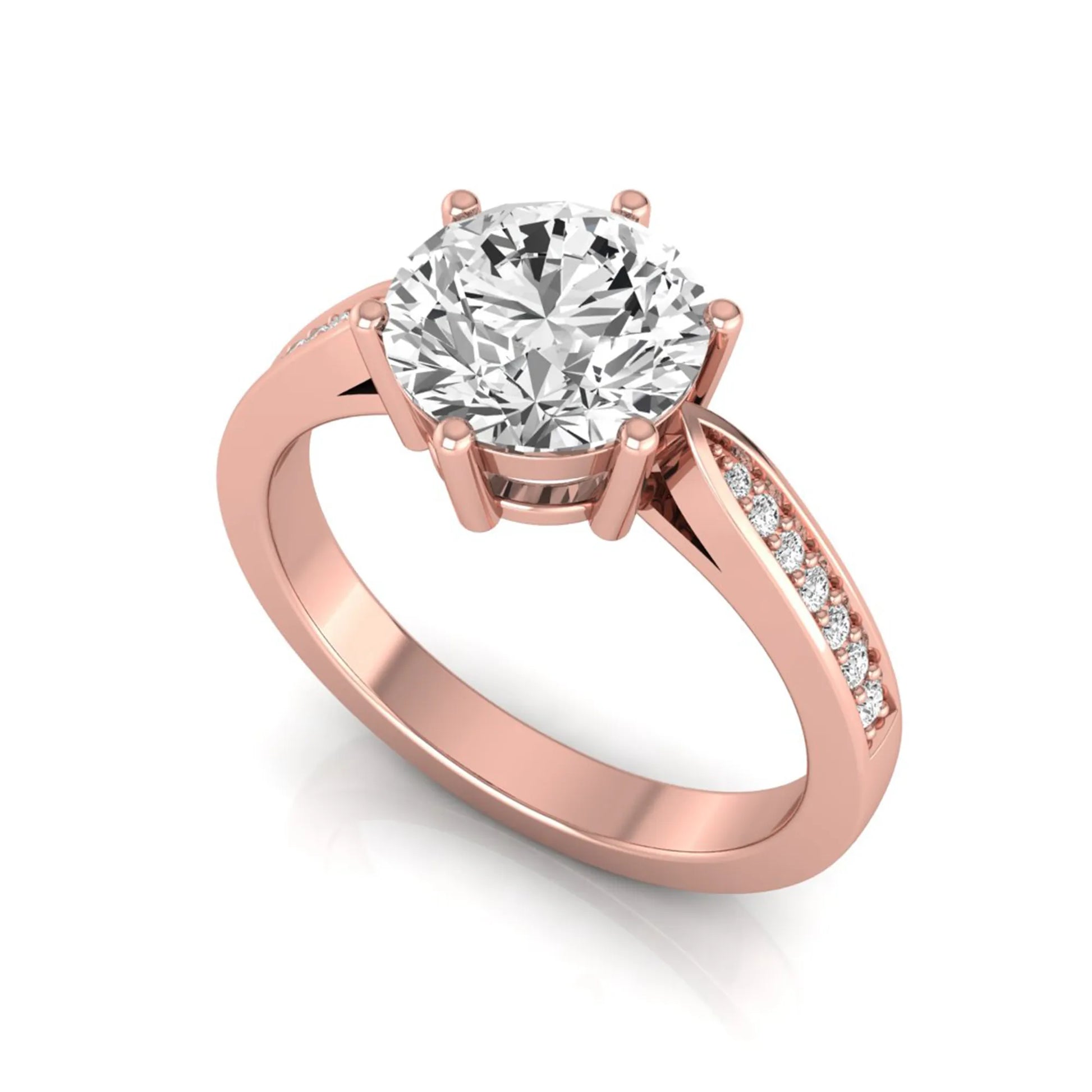 Round cut lab grown diamond engagement ring featuring a six-prong setting with round accent diamonds on a tapered rose gold style band.