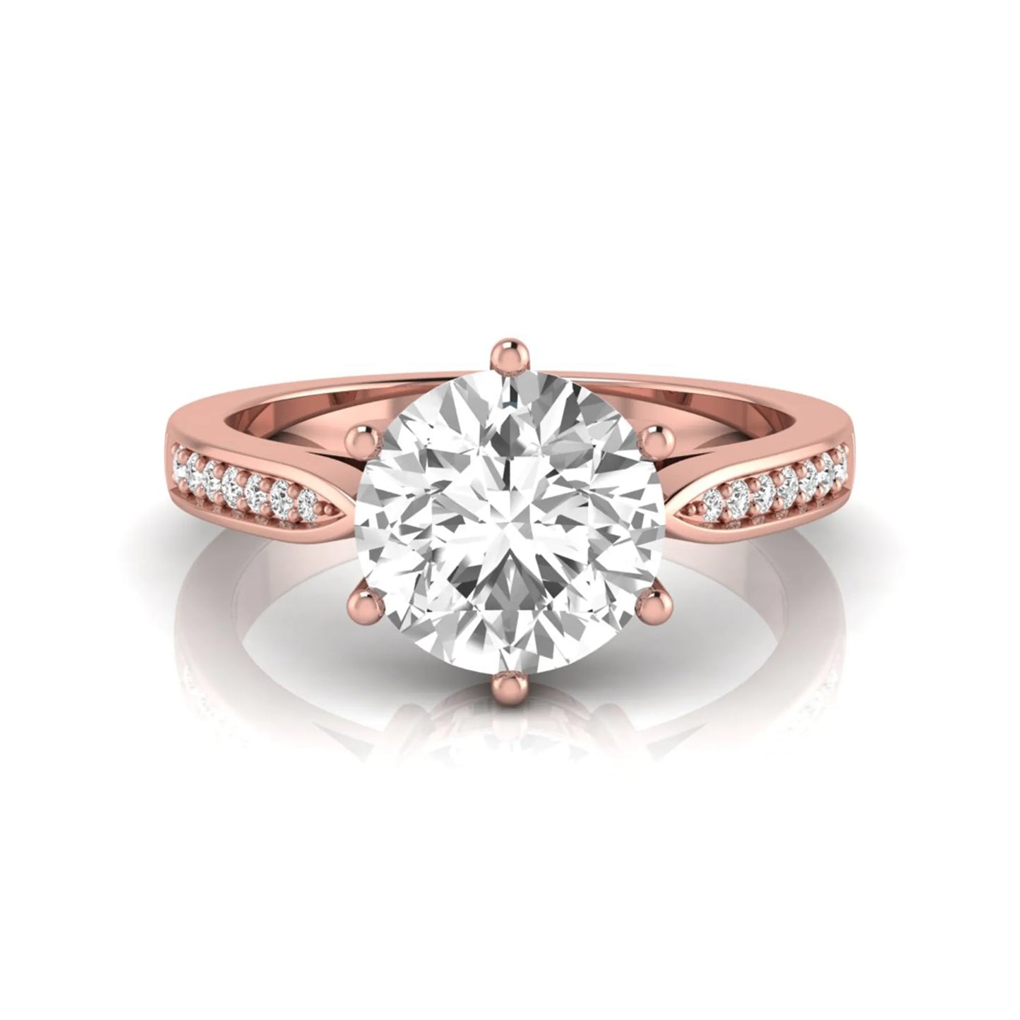 Round cut lab grown diamond engagement ring featuring a six-prong setting with round accent diamonds on a tapered rose gold style band.