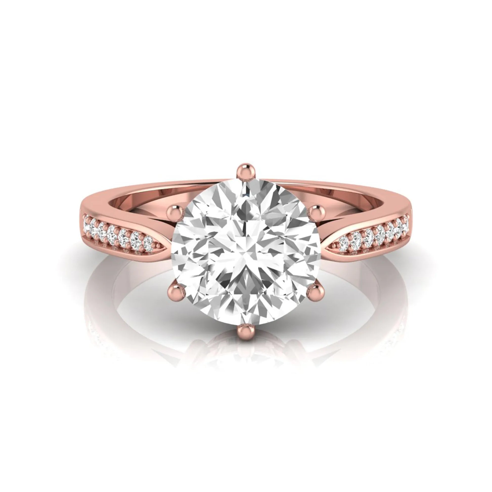 Round cut lab grown diamond engagement ring featuring a six-prong setting with round accent diamonds on a tapered rose gold style band.