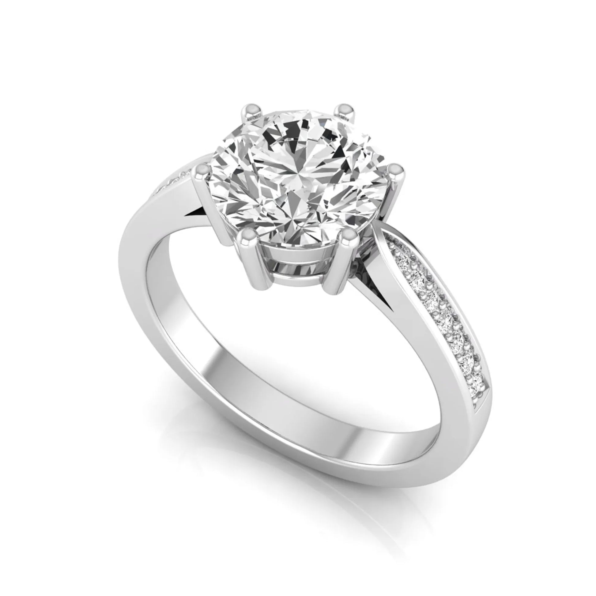 Round cut lab grown diamond engagement ring featuring a six-prong setting with round accent diamonds on a tapered white gold style band.