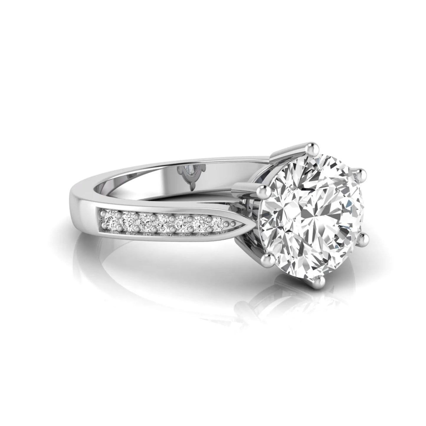 Round cut lab grown diamond engagement ring featuring a six-prong setting with round accent diamonds on a tapered white gold style band.