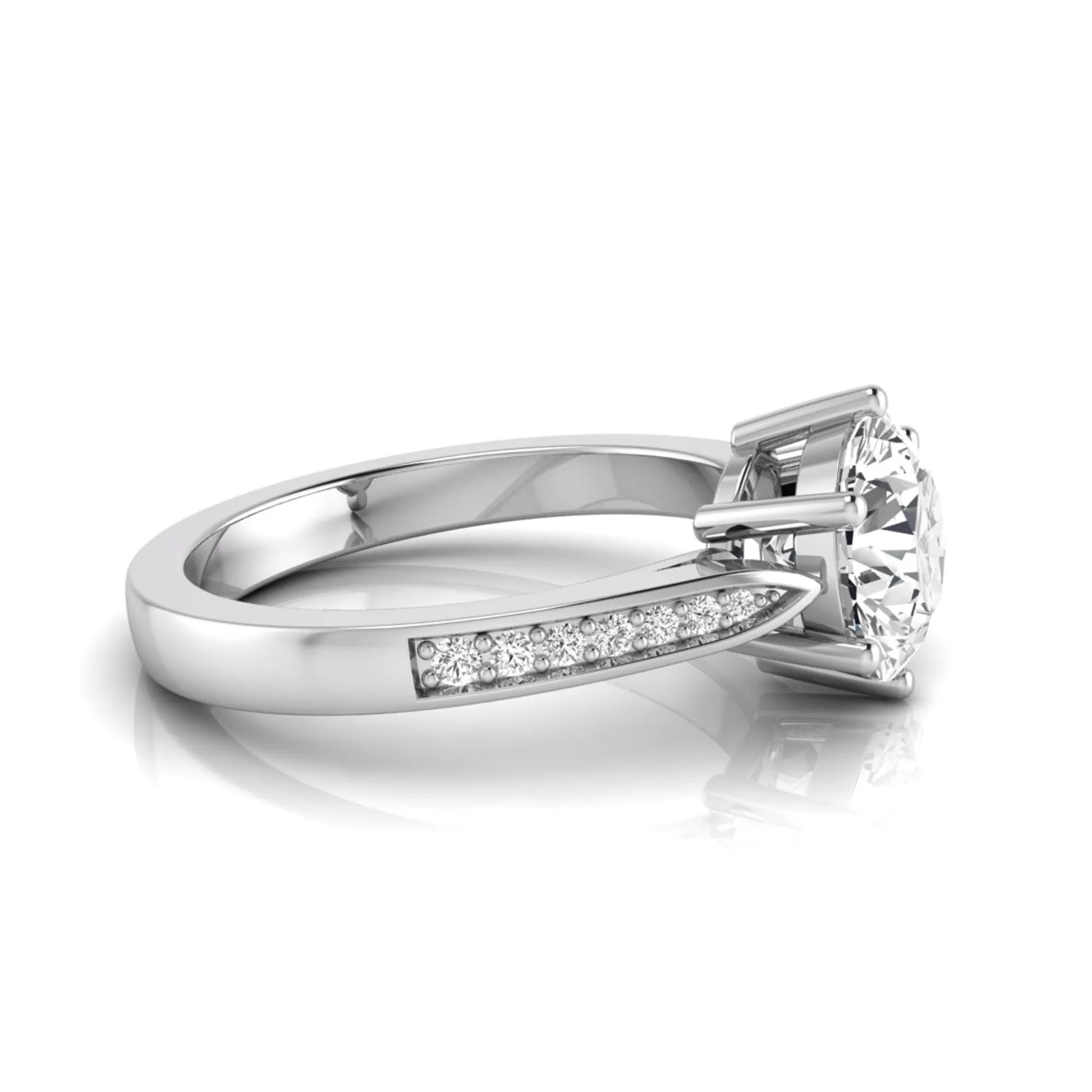 Round cut lab grown diamond engagement ring featuring a six-prong setting with round accent diamonds on a tapered white gold style band.