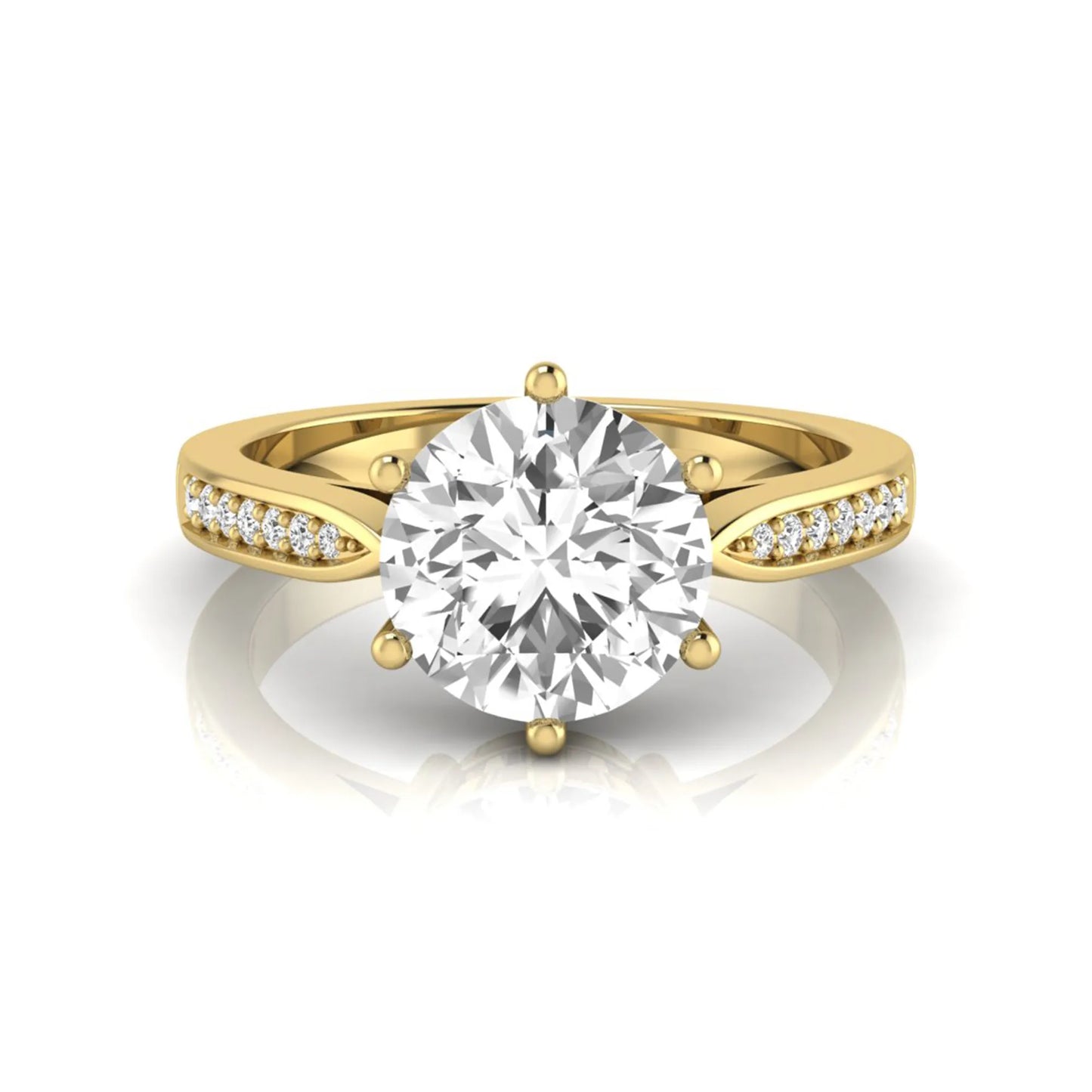 Round cut lab grown diamond engagement ring featuring a six-prong setting with round accent diamonds on a tapered yellow gold style band.