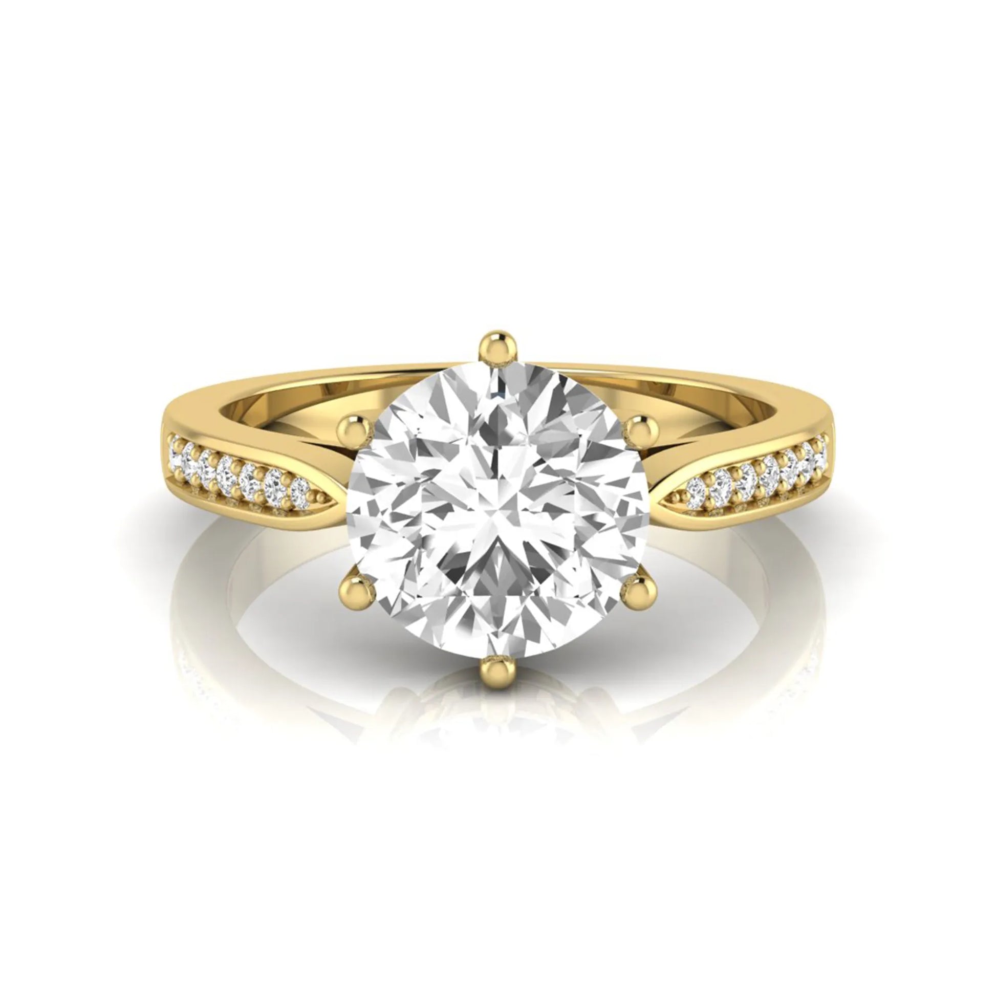 Round cut lab grown diamond engagement ring featuring a six-prong setting with round accent diamonds on a tapered yellow gold style band.