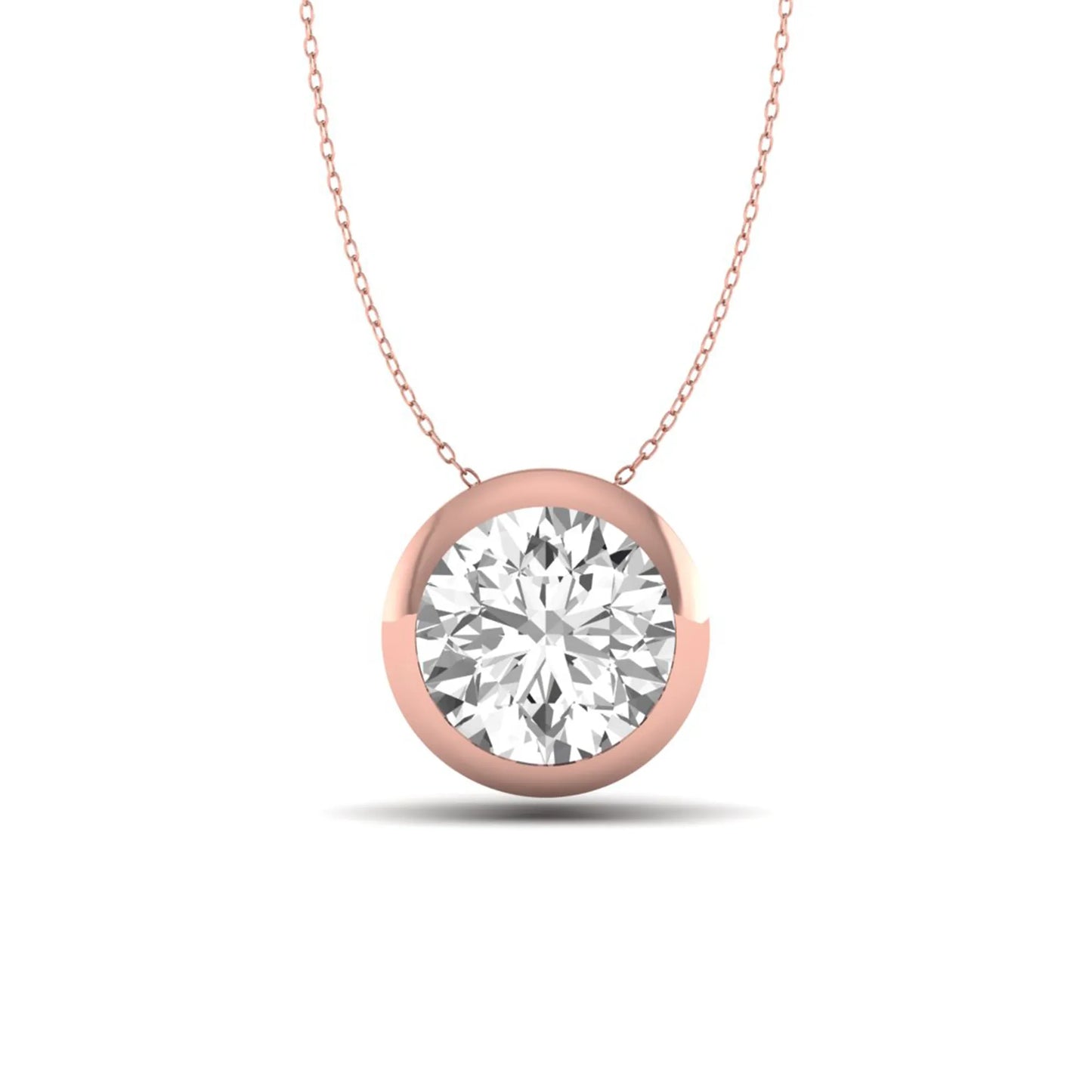 Round bezel set lab grown diamond solitaire pendant necklace in rose gold with brilliant round cut diamond.