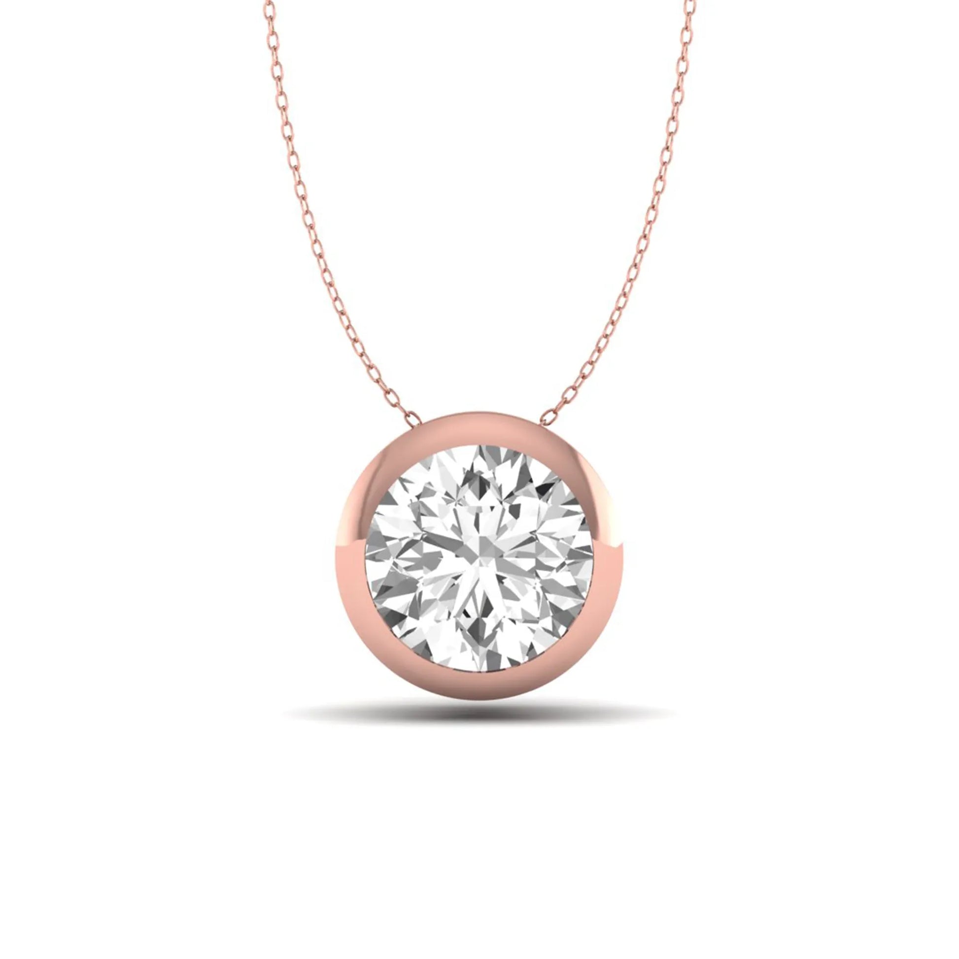 Round bezel set lab grown diamond solitaire pendant necklace in rose gold with brilliant round cut diamond.