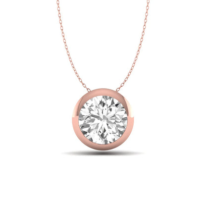 Round bezel set lab grown diamond solitaire pendant necklace in rose gold with brilliant round cut diamond.