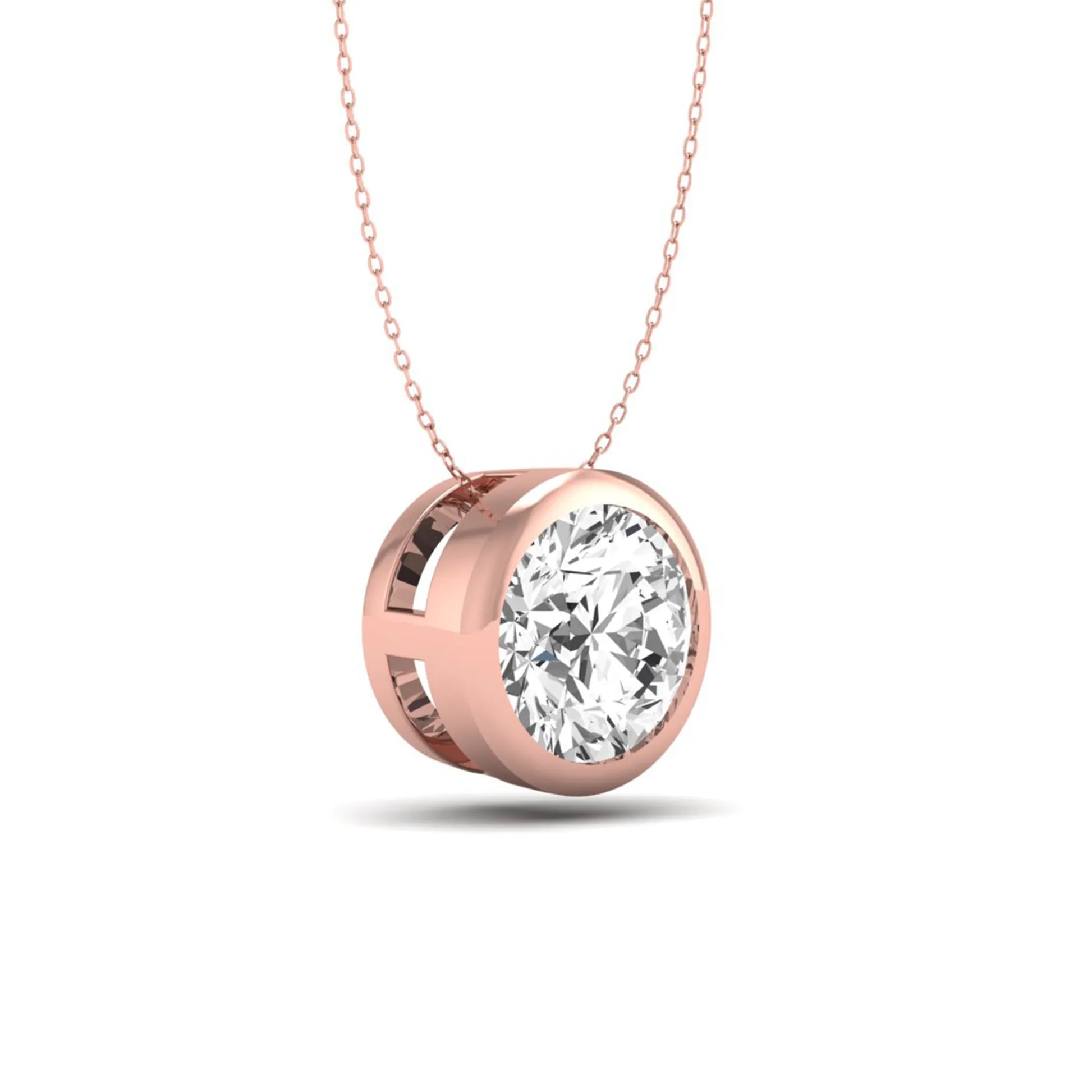 Round bezel set lab grown diamond solitaire pendant necklace in rose gold with brilliant round cut diamond.