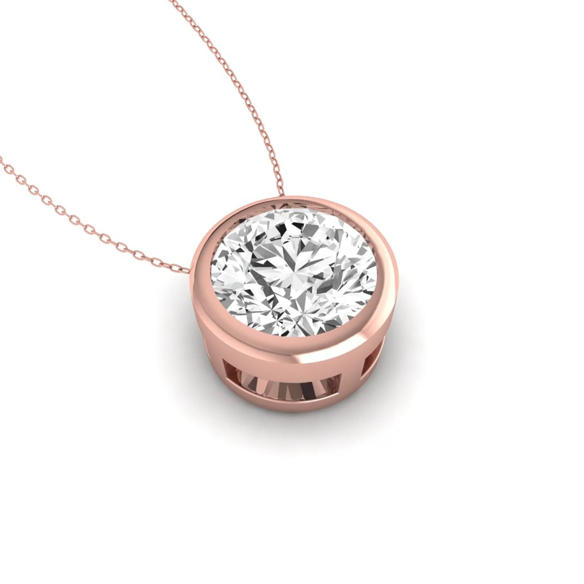 Round bezel set lab grown diamond solitaire pendant necklace in rose gold with brilliant round cut diamond.