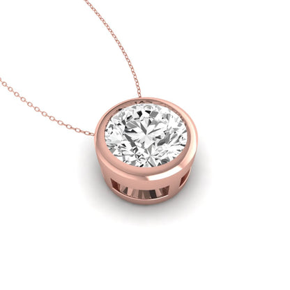 Round bezel set lab grown diamond solitaire pendant necklace in rose gold with brilliant round cut diamond.