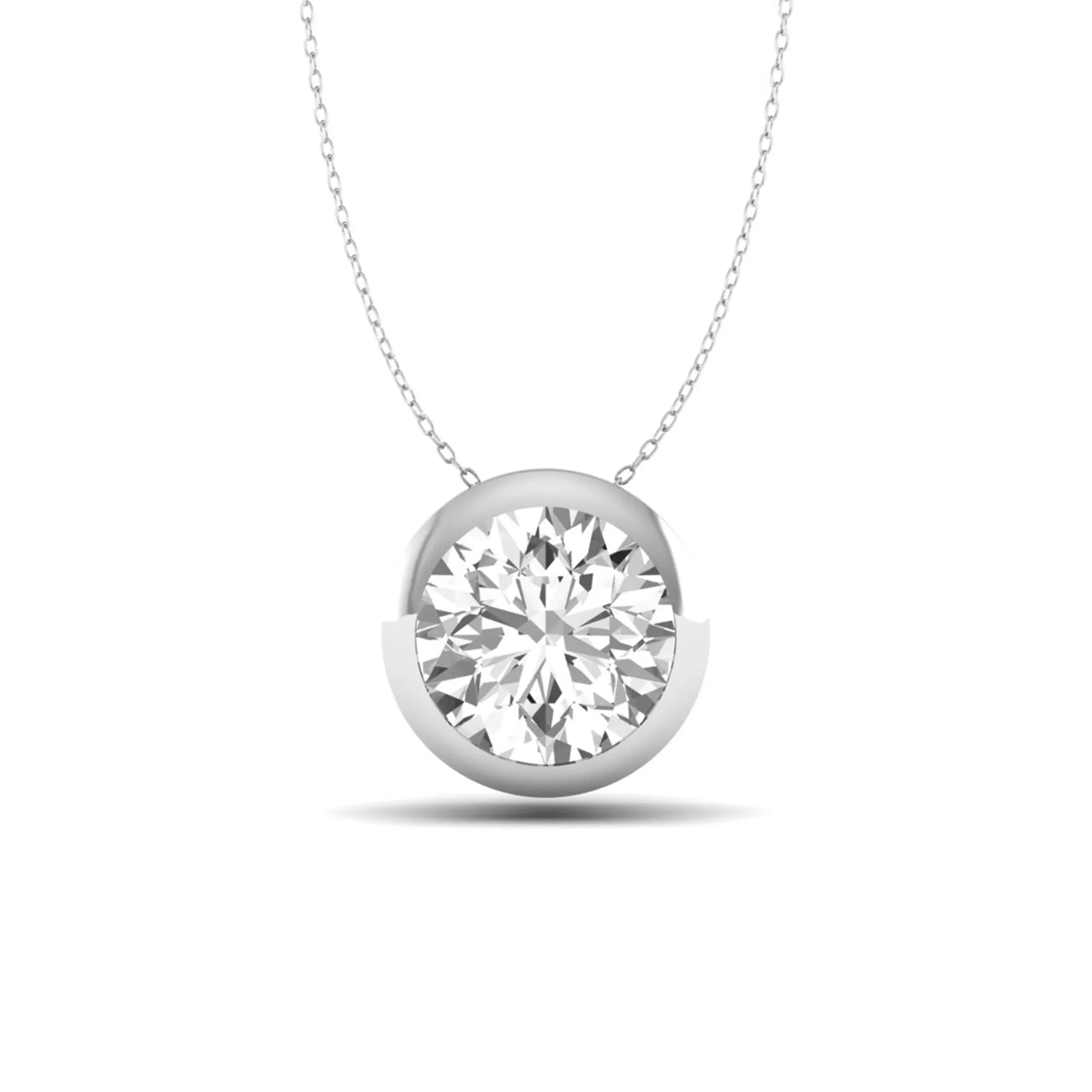 Round bezel set lab grown diamond solitaire pendant necklace in white gold with brilliant round cut diamond.