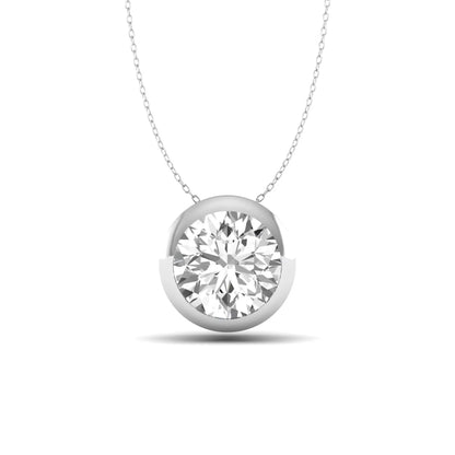Round bezel set lab grown diamond solitaire pendant necklace in white gold with brilliant round cut diamond.