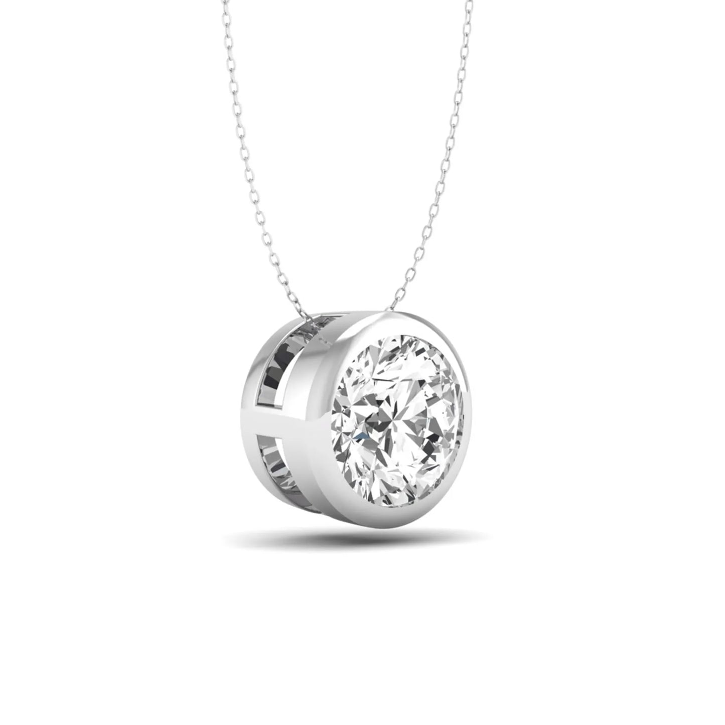 Round bezel set lab grown diamond solitaire pendant necklace in white gold with brilliant round cut diamond.