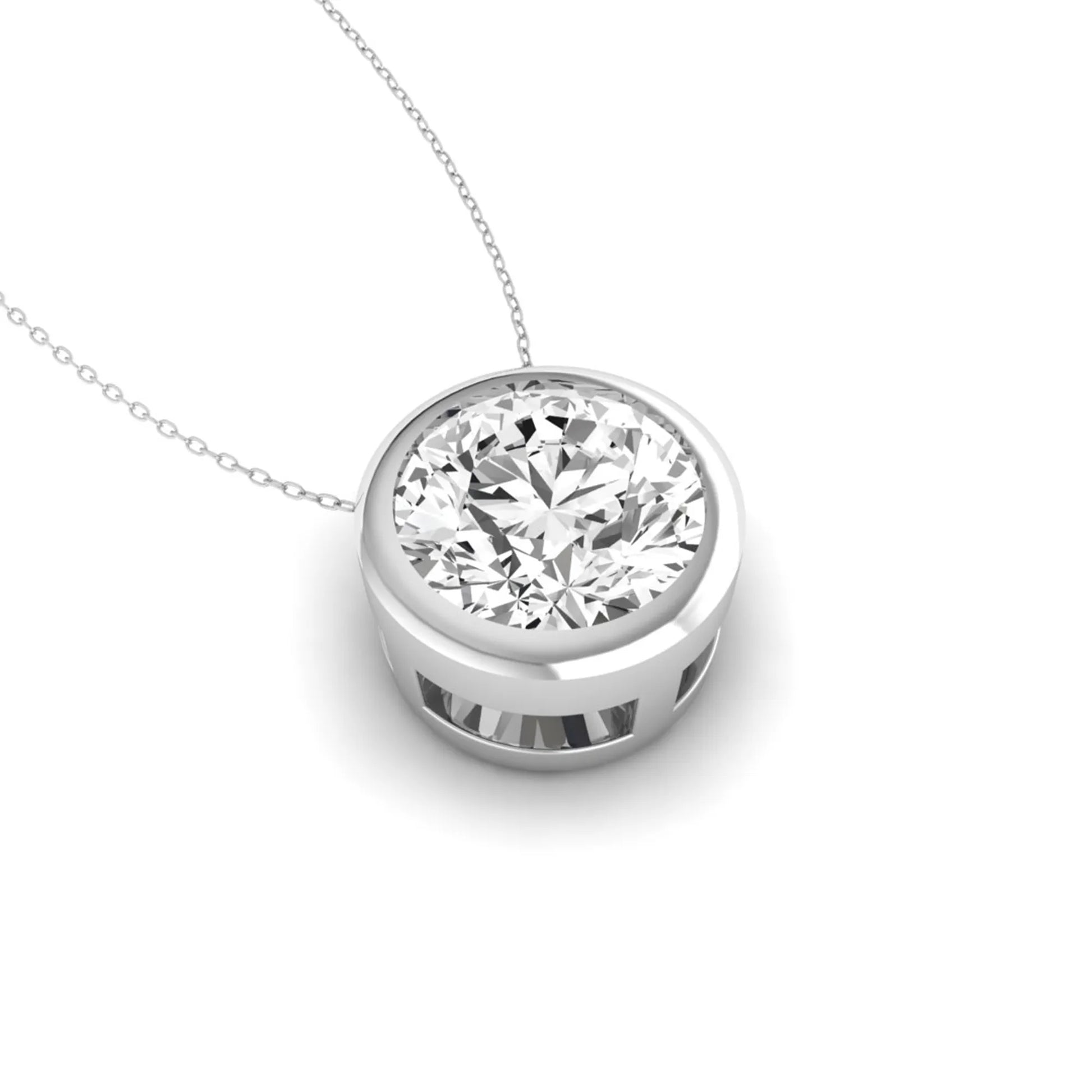 Round bezel set lab grown diamond solitaire pendant necklace in white gold with brilliant round cut diamond.