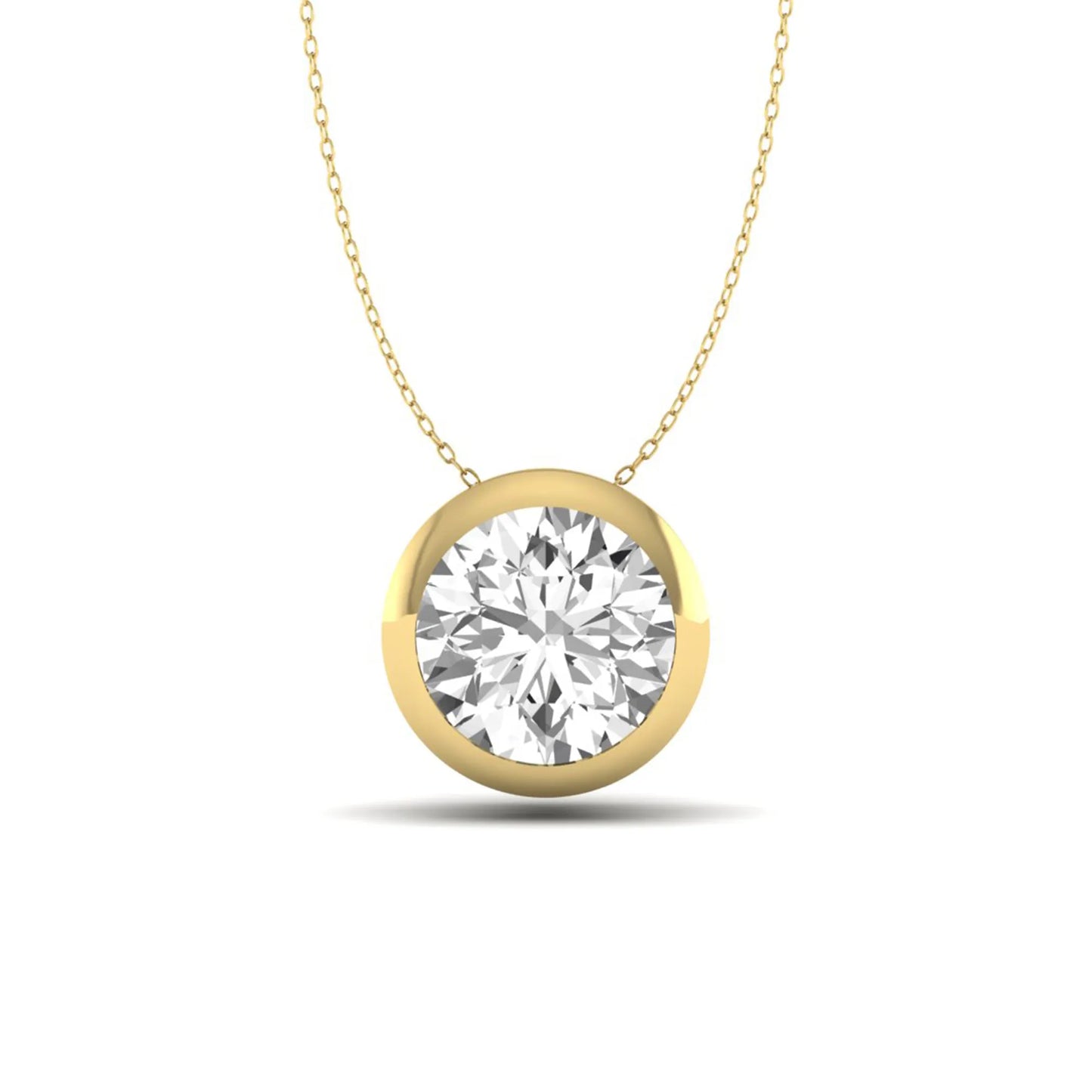 Round bezel set lab grown diamond solitaire pendant necklace in yellow gold with brilliant round cut diamond.