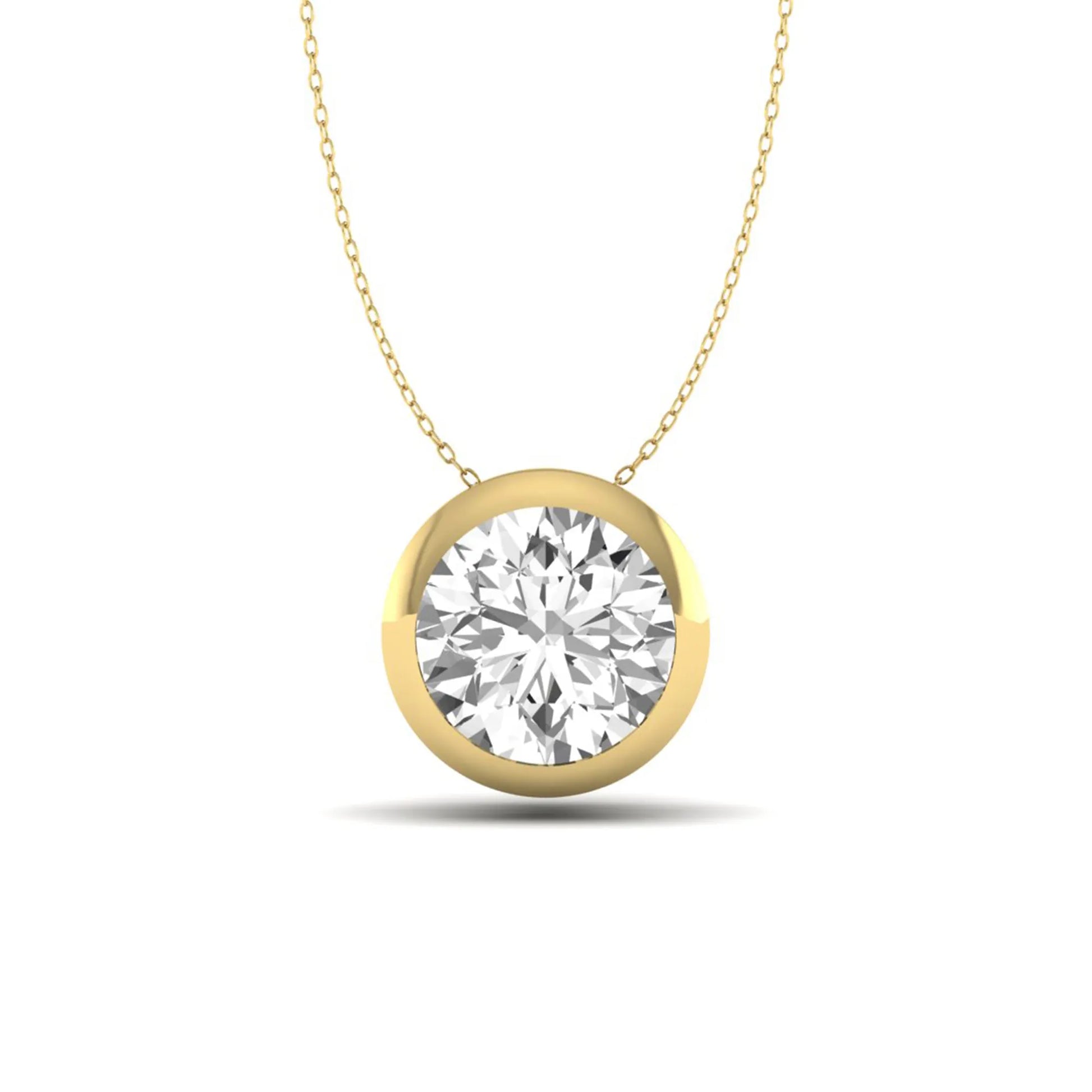 Round bezel set lab grown diamond solitaire pendant necklace in yellow gold with brilliant round cut diamond.