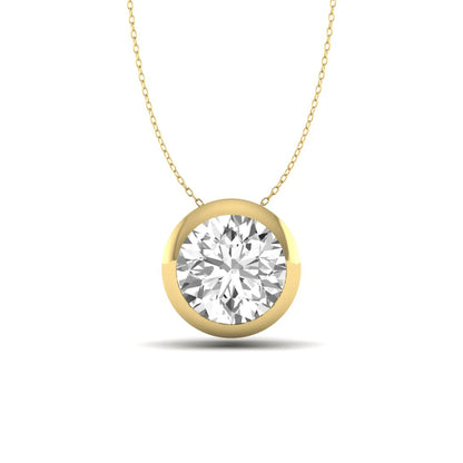 Round bezel set lab grown diamond solitaire pendant necklace in yellow gold with brilliant round cut diamond.