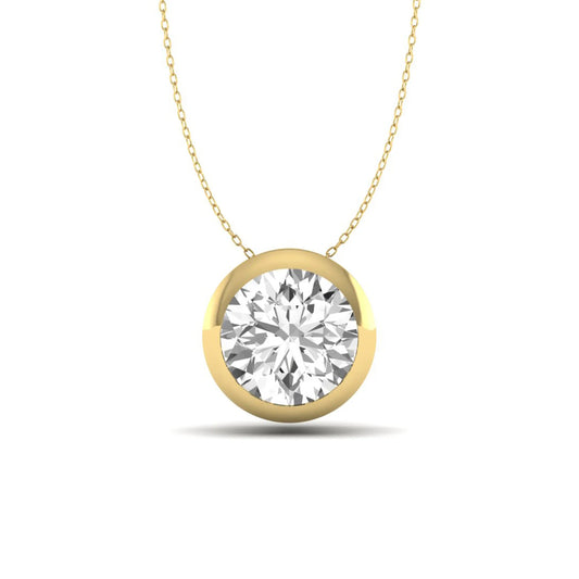 Round bezel set lab grown diamond solitaire pendant necklace in yellow gold with brilliant round cut diamond.