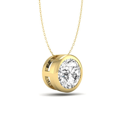 Round bezel set lab grown diamond solitaire pendant necklace in yellow gold with brilliant round cut diamond.