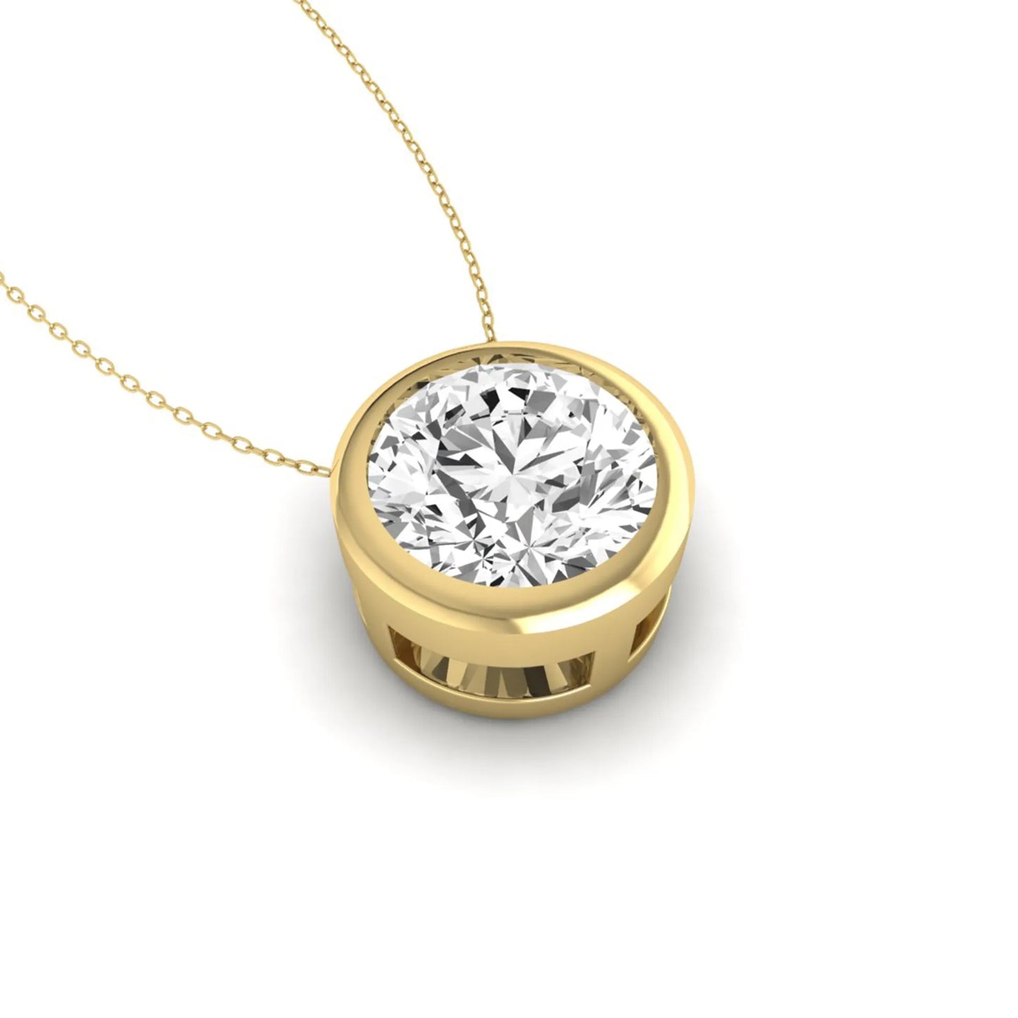 Round bezel set lab grown diamond solitaire pendant necklace in yellow gold with brilliant round cut diamond.