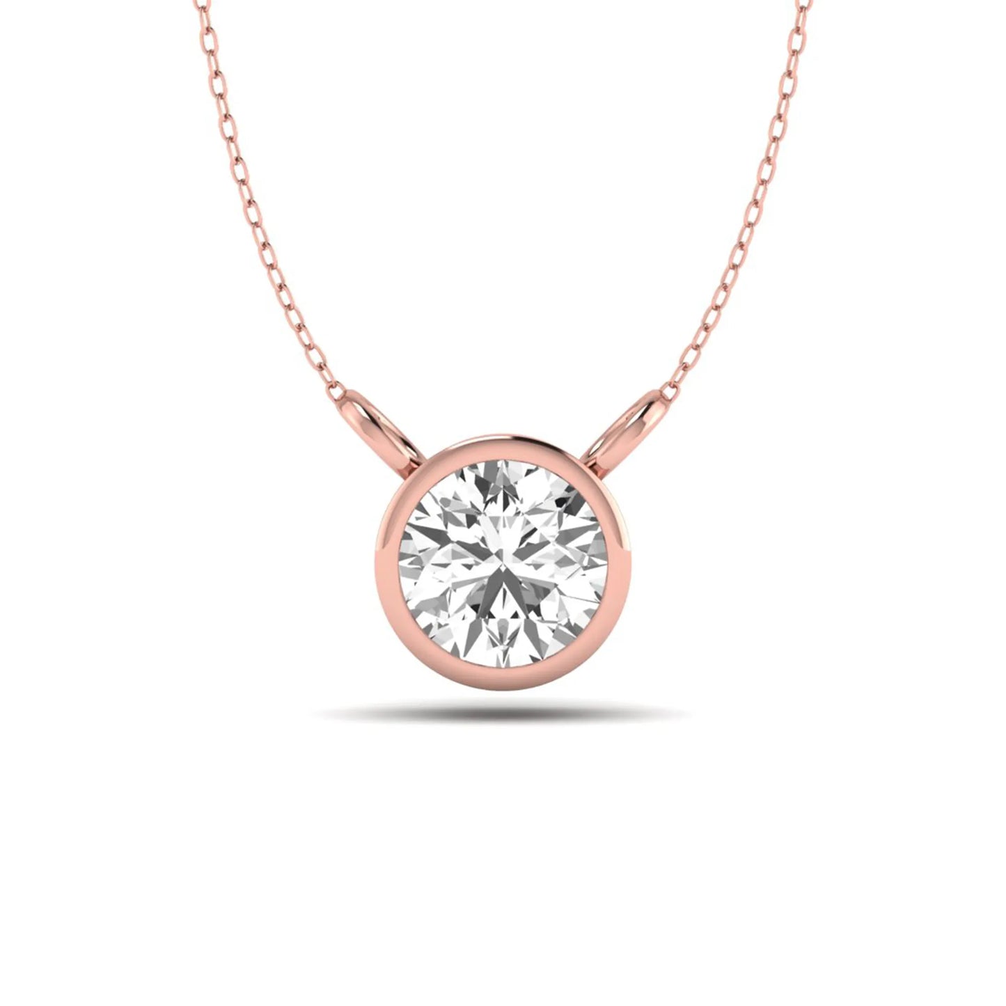 Round brilliant lab grown diamond solitaire pendant necklace with a classic bezel setting in a rose gold  metal finish.
