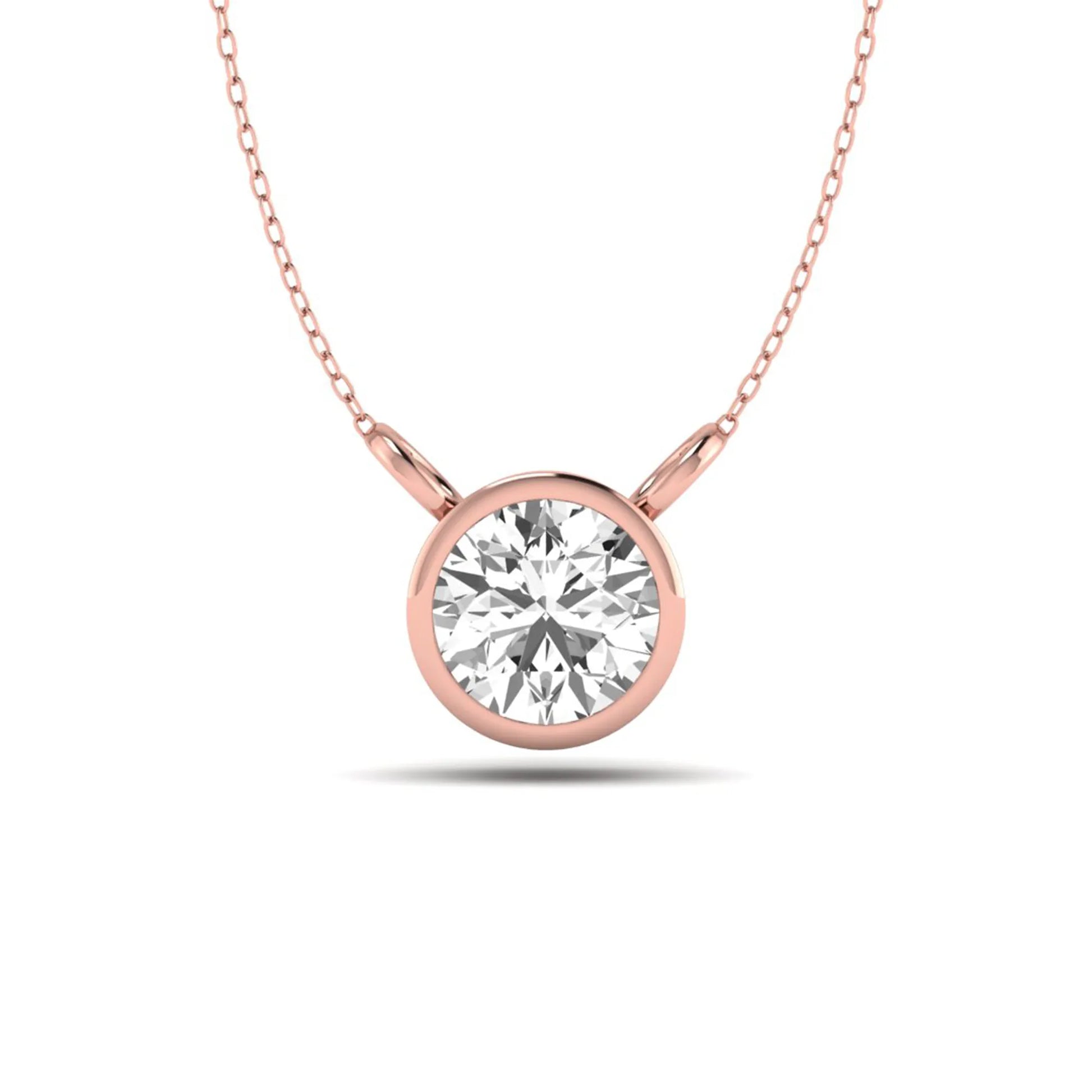 Round brilliant lab grown diamond solitaire pendant necklace with a classic bezel setting in a rose gold  metal finish.