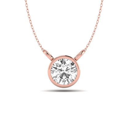 Round brilliant lab grown diamond solitaire pendant necklace with a classic bezel setting in a rose gold  metal finish.