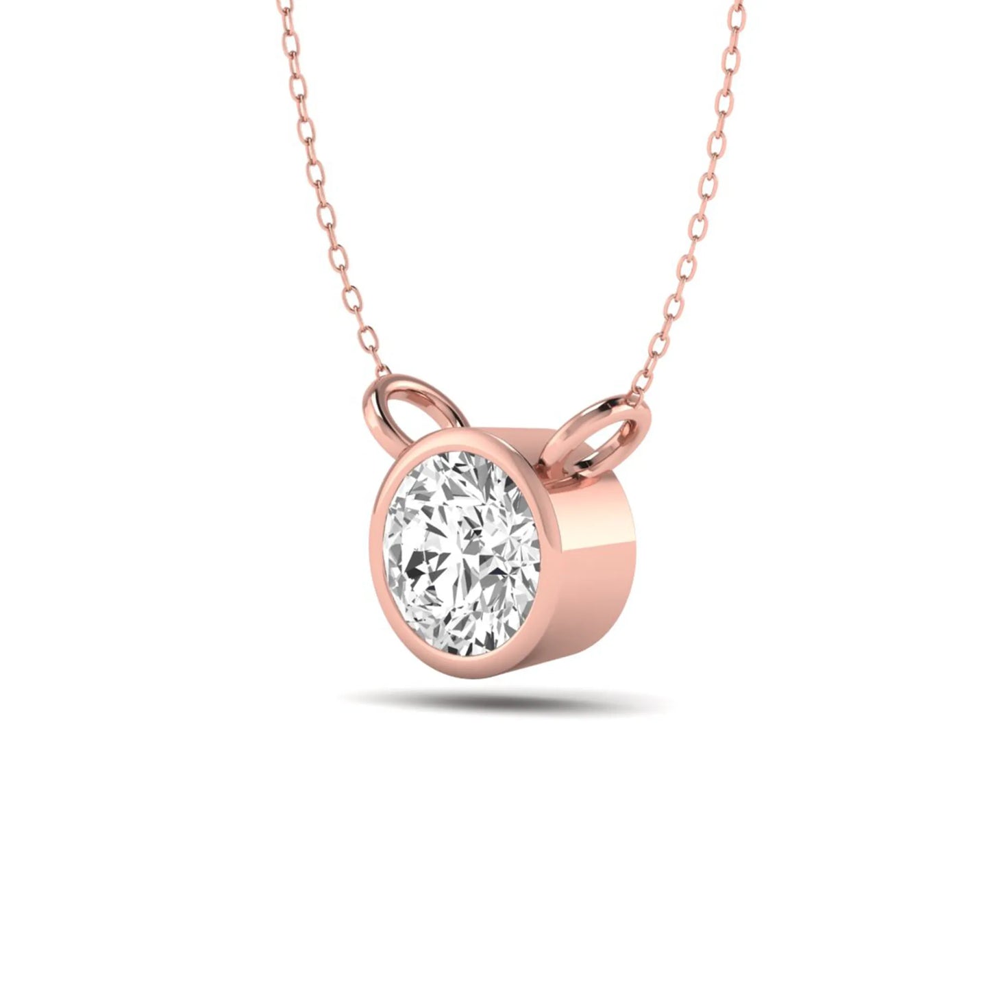 Round brilliant lab grown diamond solitaire pendant necklace with a classic bezel setting in a rose gold  metal finish.