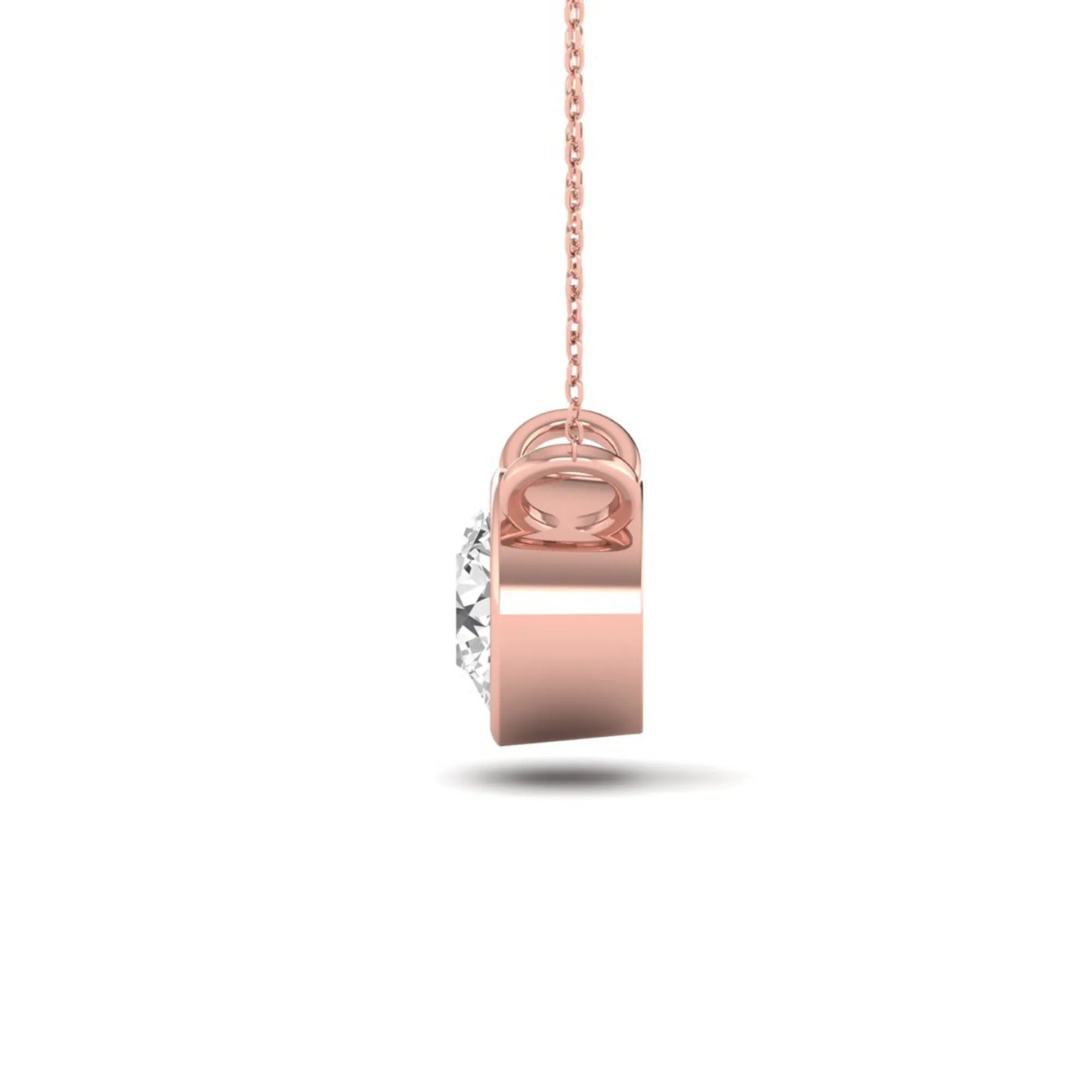 Round brilliant lab grown diamond solitaire pendant necklace with a classic bezel setting in a rose gold  metal finish.
