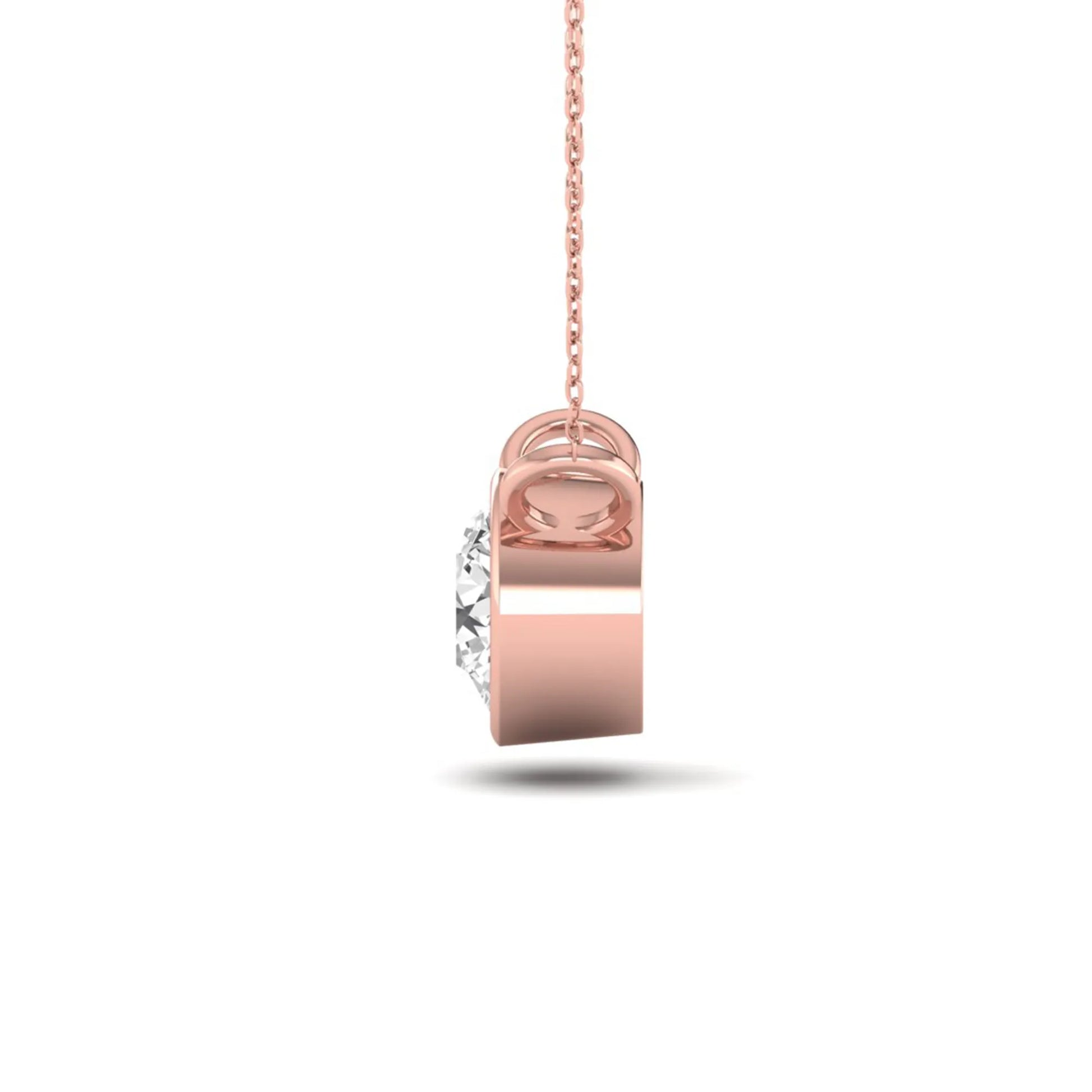 Round brilliant lab grown diamond solitaire pendant necklace with a classic bezel setting in a rose gold  metal finish.