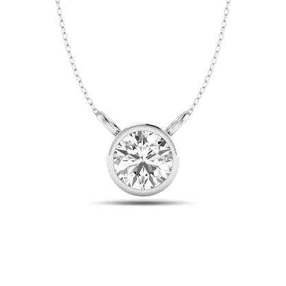 Round brilliant lab grown diamond solitaire pendant necklace with a classic bezel setting in a white gold  metal finish.