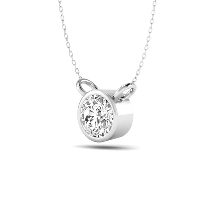 Round brilliant lab grown diamond solitaire pendant necklace with a classic bezel setting in a white gold  metal finish.