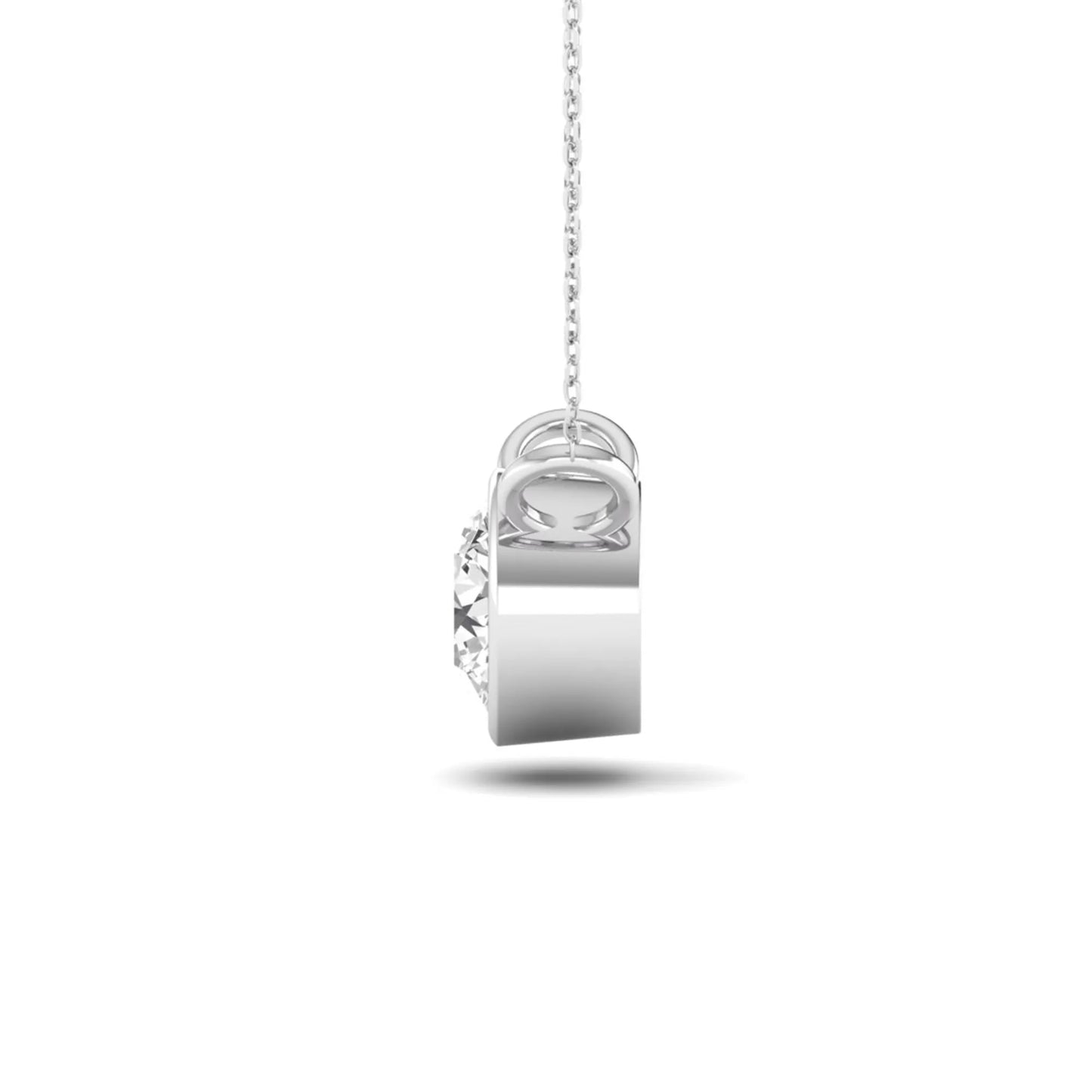Round brilliant lab grown diamond solitaire pendant necklace with a classic bezel setting in a white gold  metal finish.