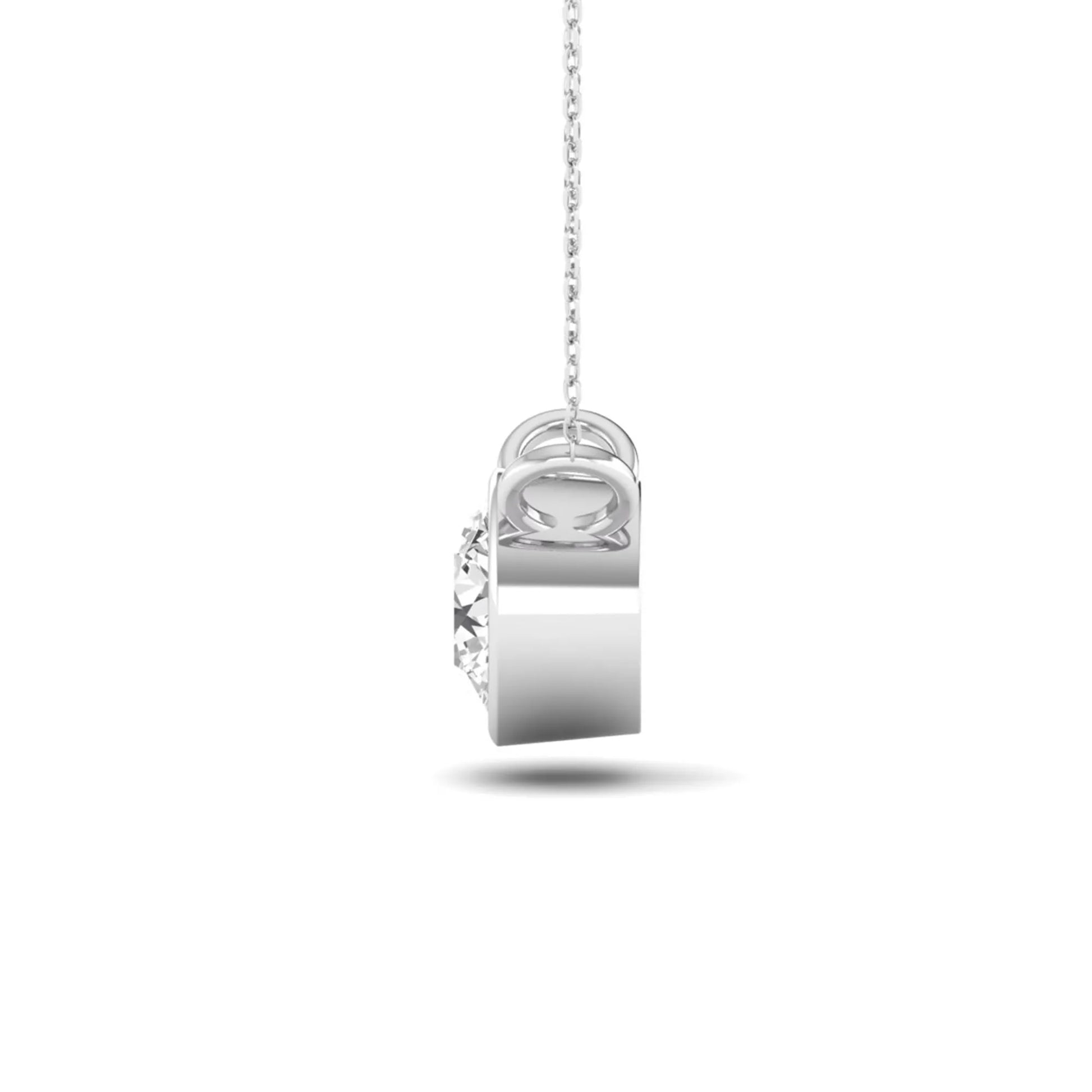 Round brilliant lab grown diamond solitaire pendant necklace with a classic bezel setting in a white gold  metal finish.