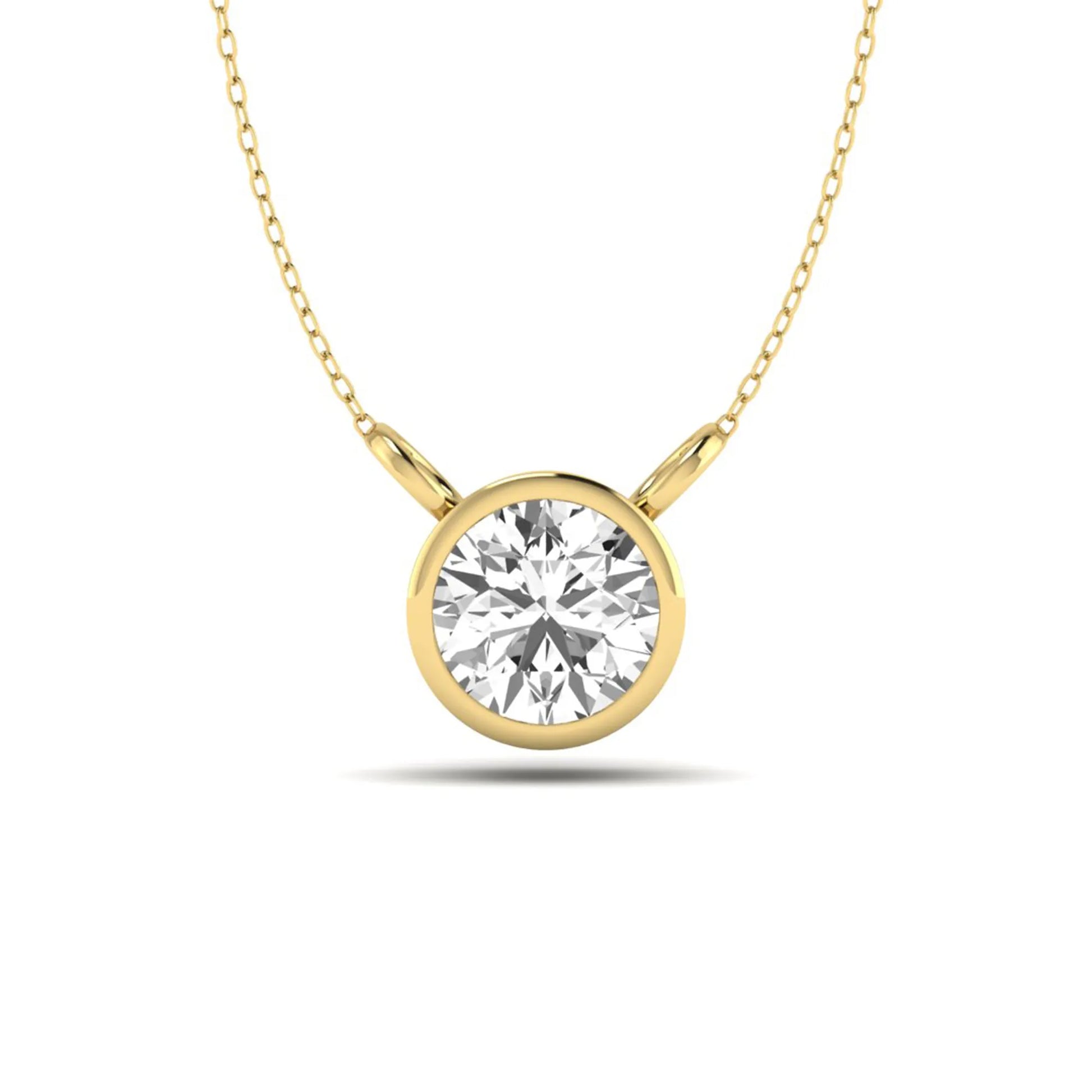 Round brilliant lab grown diamond solitaire pendant necklace with a classic bezel setting in a yellow gold  metal finish.