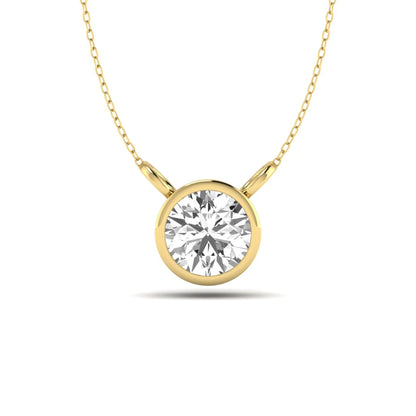 Round brilliant lab grown diamond solitaire pendant necklace with a classic bezel setting in a yellow gold  metal finish.