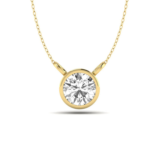 Round brilliant lab grown diamond solitaire pendant necklace with a classic bezel setting in a yellow gold  metal finish.